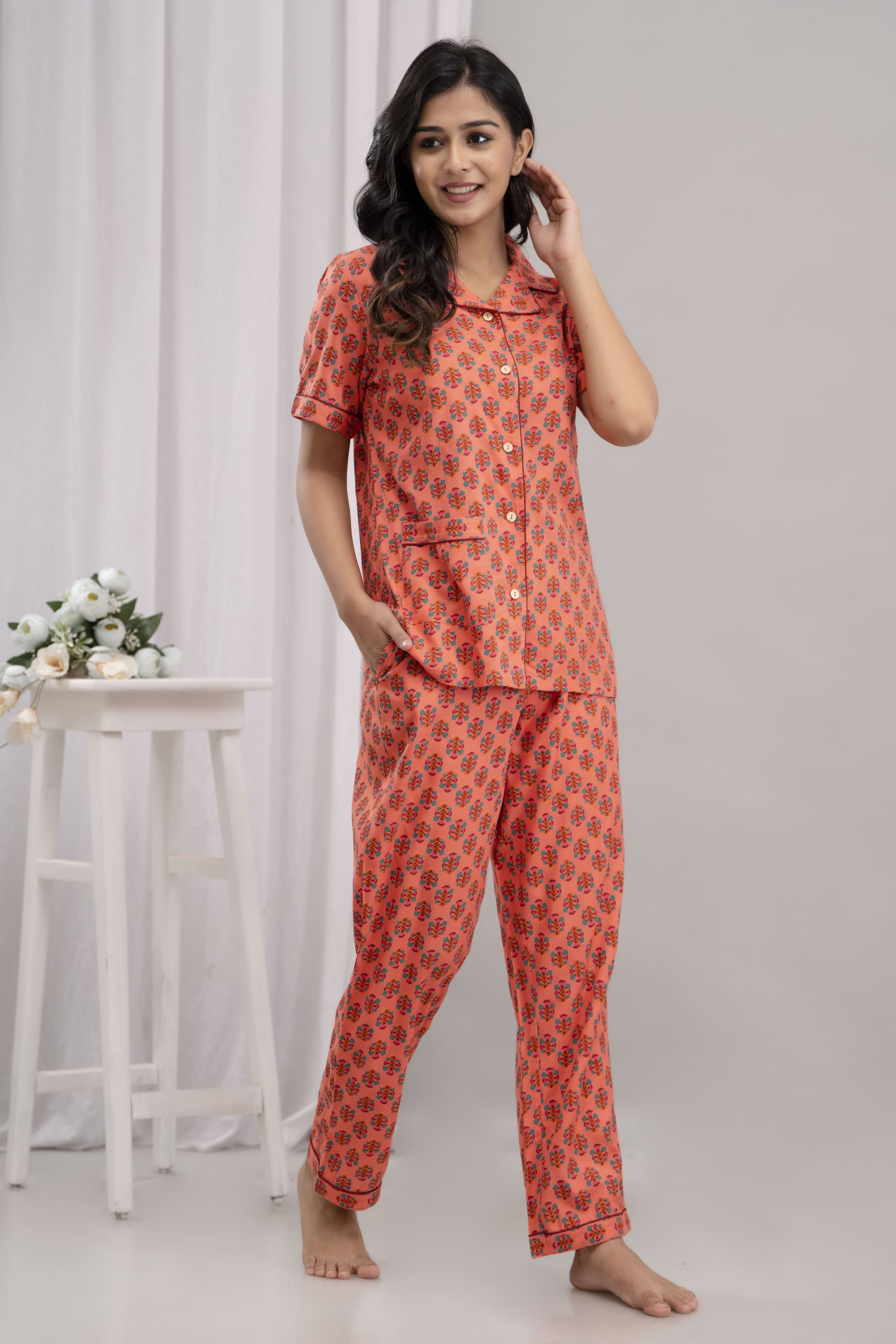 Half Sleeves Collar Neck Orange Women Night Suit