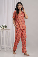 Half Sleeves Collar Neck Orange Women Night Suit