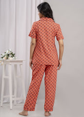 Half Sleeves Collar Neck Orange Women Night Suit