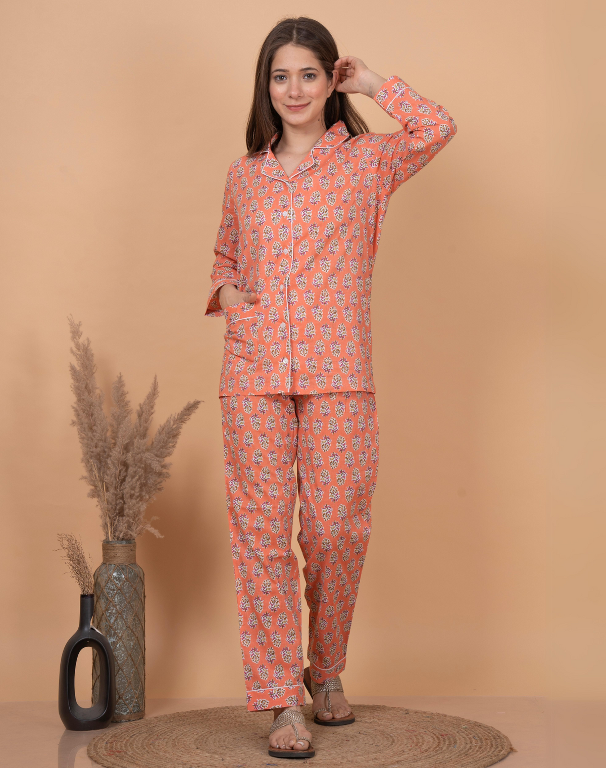 Full Sleeves Orange Women Night Suit