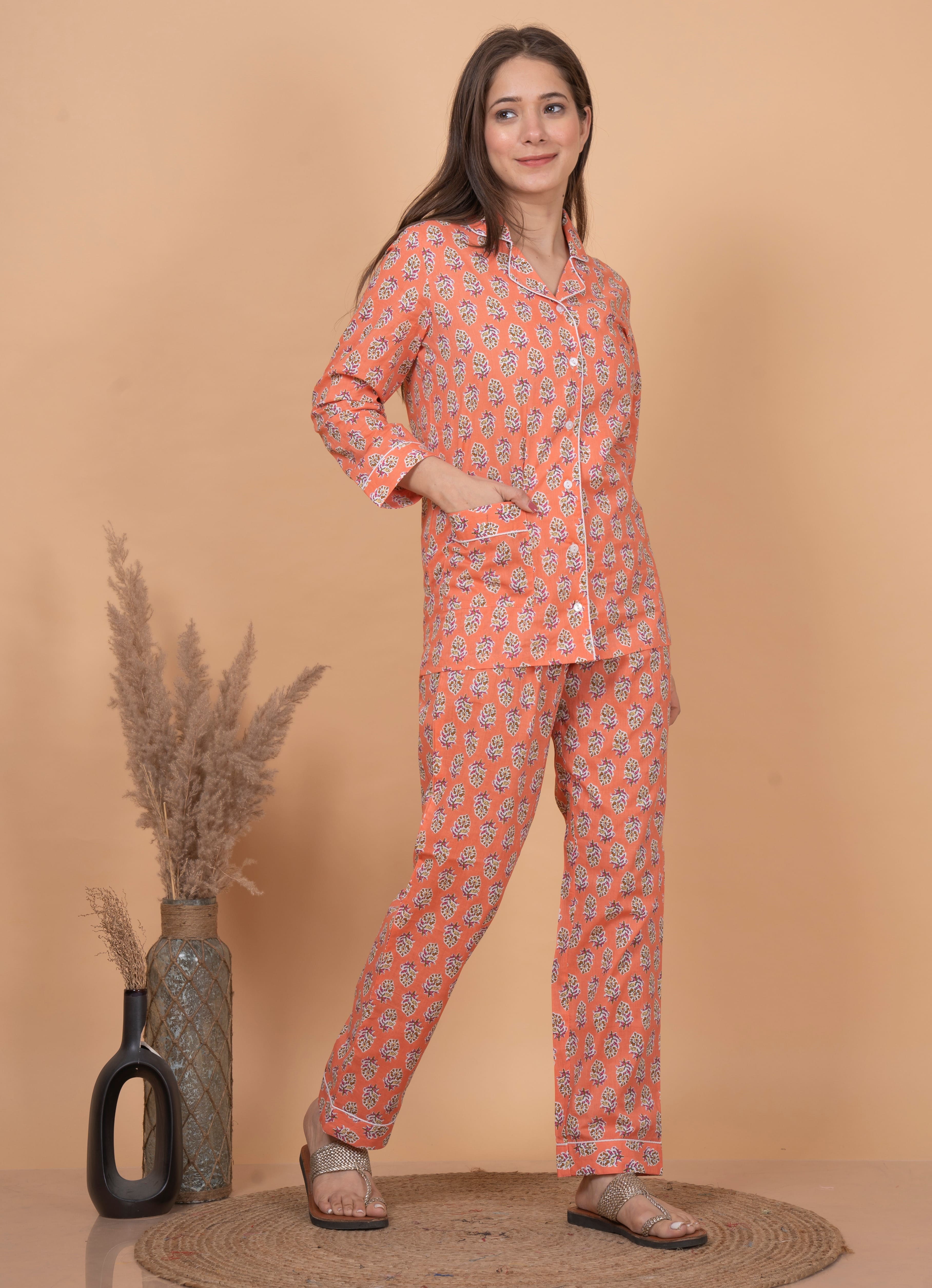 Full Sleeves Orange Women Night Suit