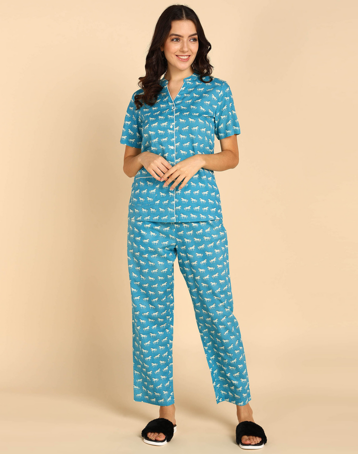 Blue Printed Night Suit For Women