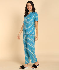 Blue Printed Night Suit For Women