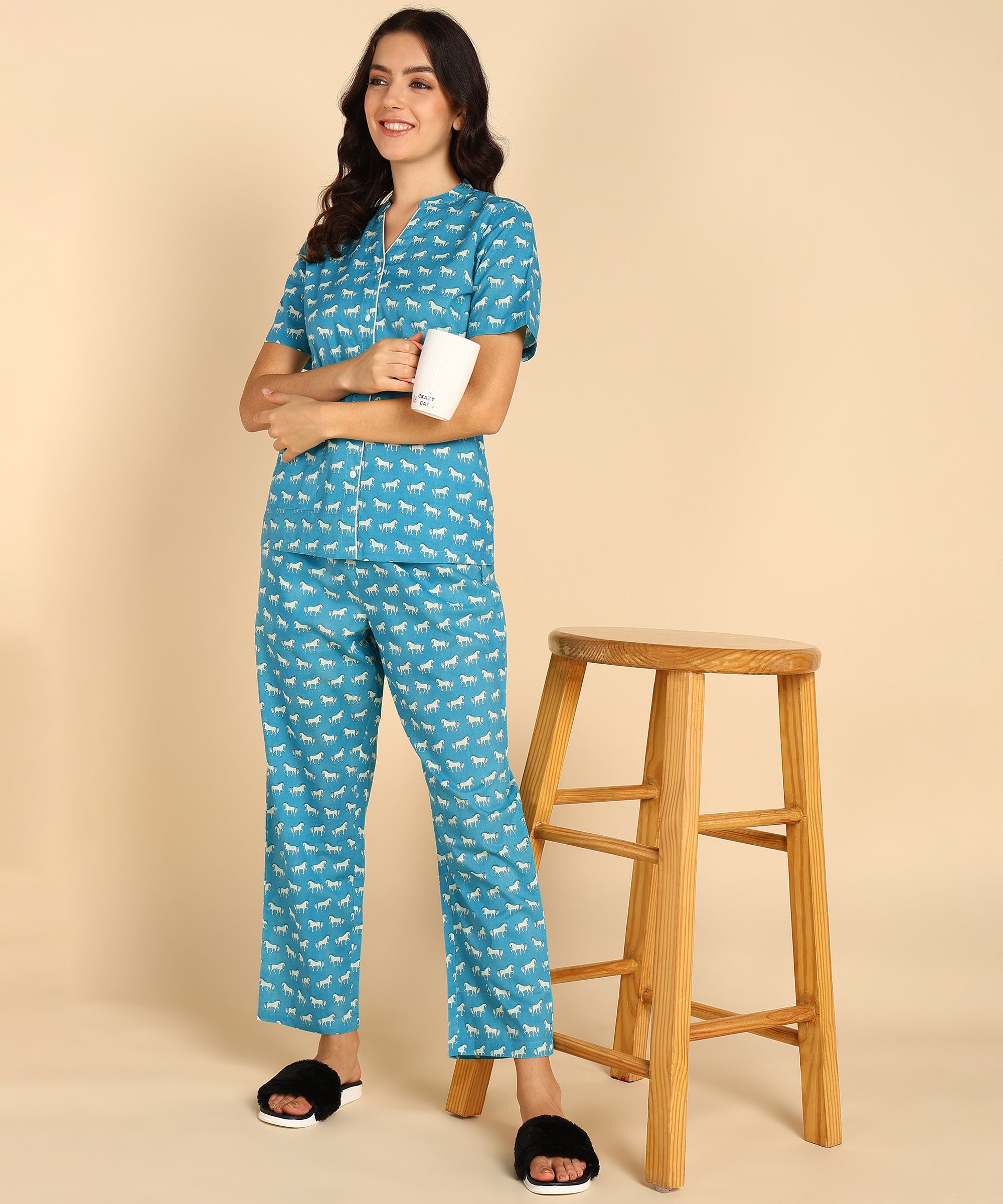 Blue Printed Night Suit For Women