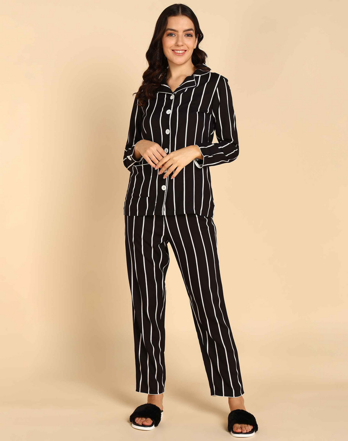 Black Strip Pattern Night Suit For Women