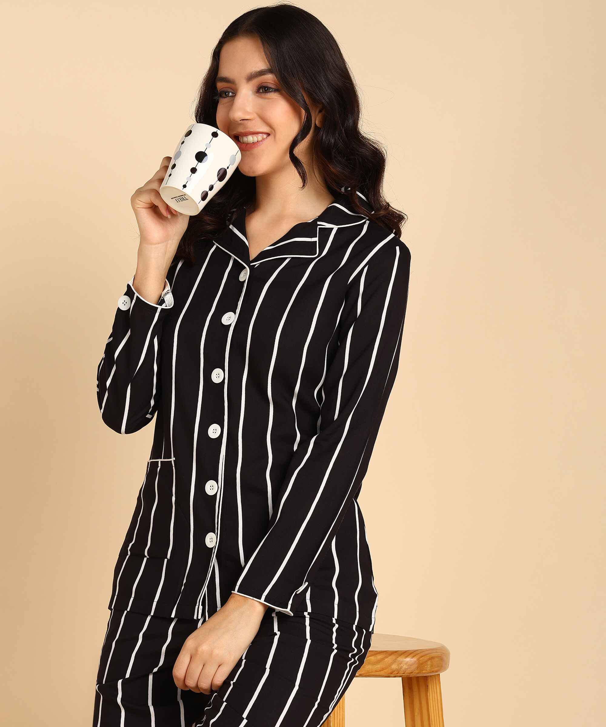 Black Strip Pattern Night Suit For Women