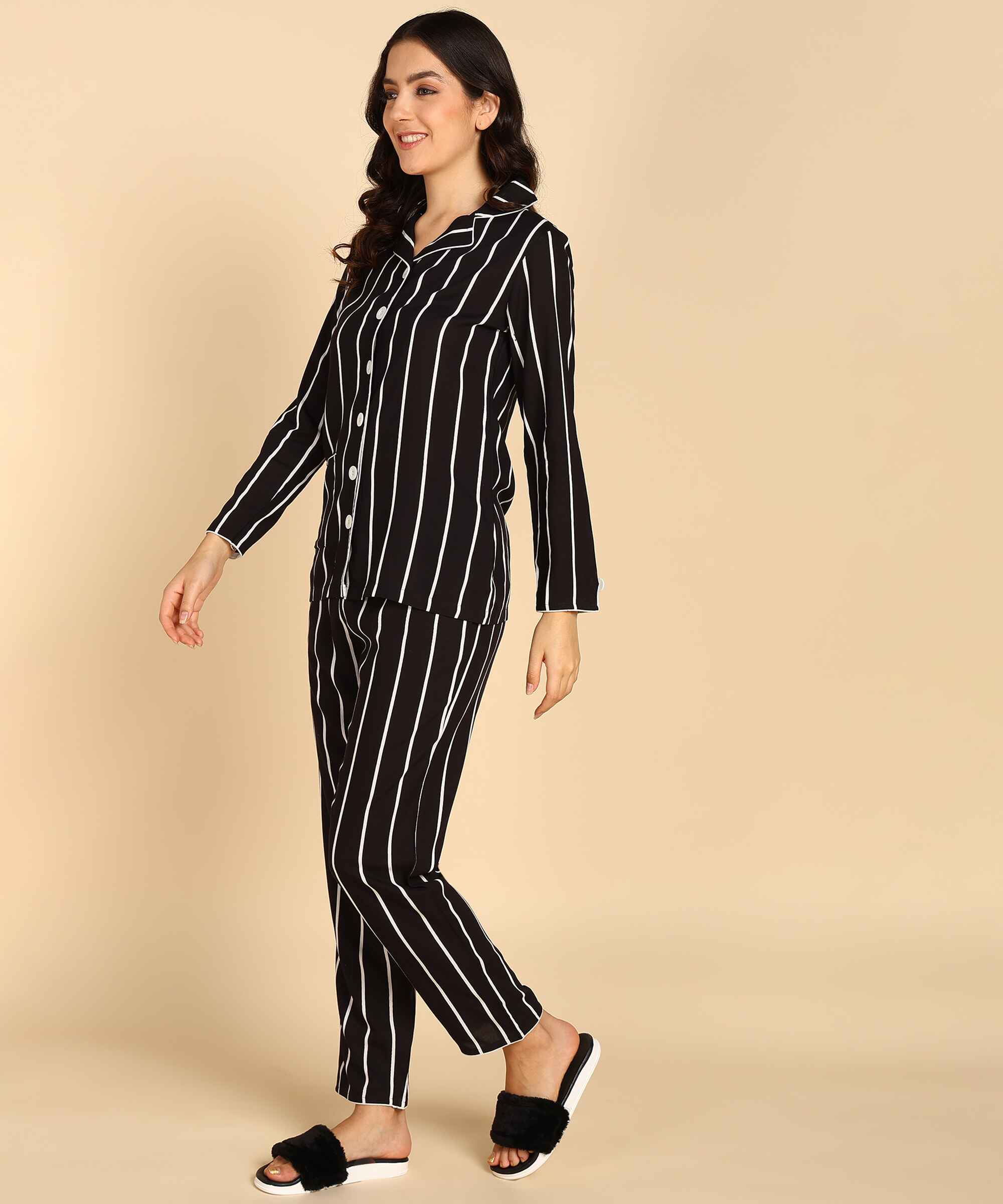 Black Strip Pattern Night Suit For Women