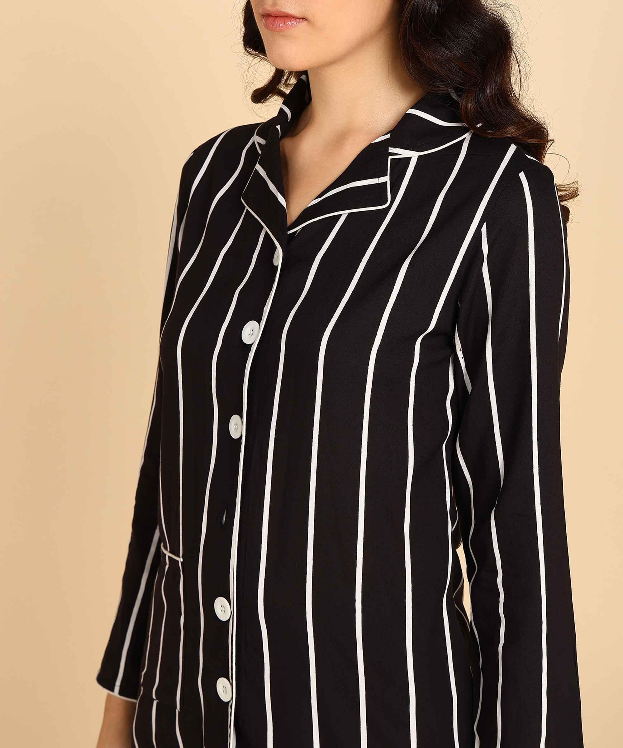 Black Strip Pattern Night Suit For Women